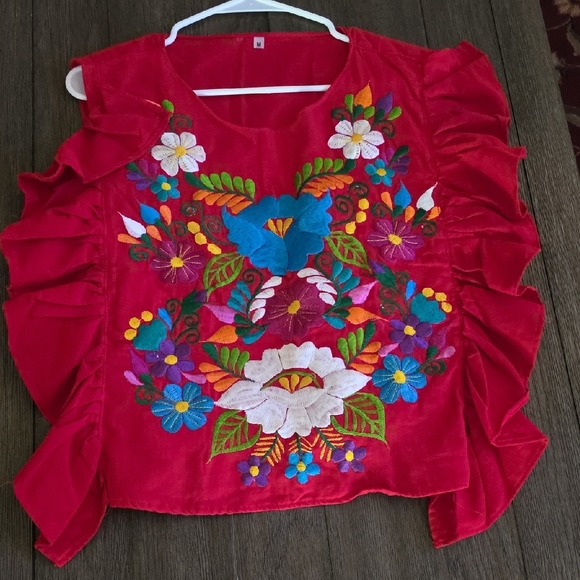 Red Embroidered Floral Ruffle Women's Top - Picture 8 of 16
